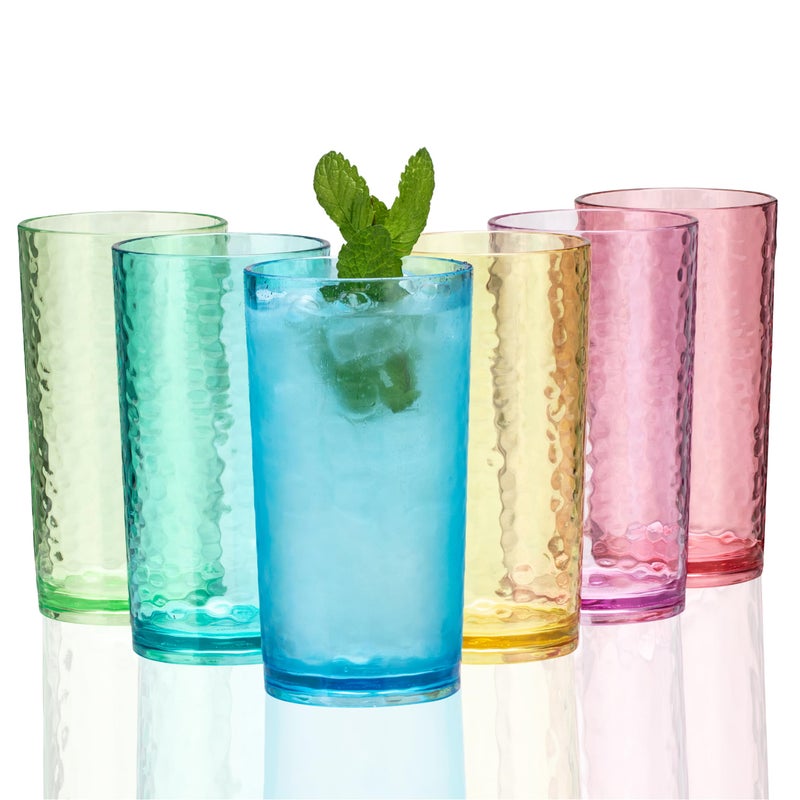 KX-WARE 20-ounce Acrylic Glasses Plastic Tumbler, set of 6 Multicolor - Hammered Style, Dishwasher Safe, BPA Free - Image 1